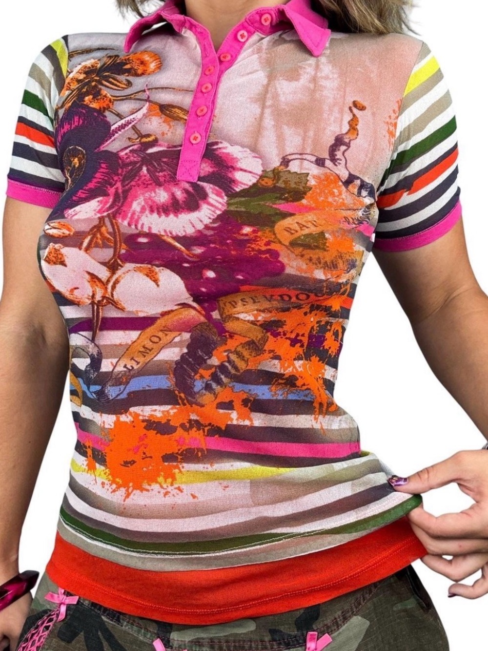 Floral Stripe Polo Top with Pink Trim - Kids Shirts & Tops